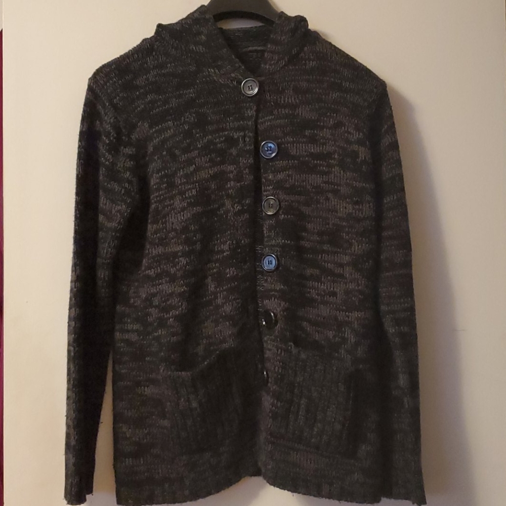 Black and gray hooded button down sweater
